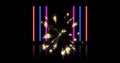 Image of exploding fireworks and glowing light trails moving over black background