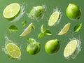 an image of exploding limes, a visual concept for freshness and refreshment Royalty Free Stock Photo