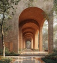 An image of an exterior walkway with concrete archways and columns, with trees and plants on either side, in a minimalist style wi