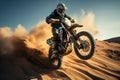 Image Extreme motocross jumping in the desert, rear view perspective