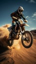 Image Extreme motocross jumping in the desert, rear view perspective