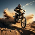 Image Extreme motocross jumping in the desert, rear view perspective