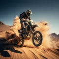 Image Extreme motocross jumping in the desert, rear view perspective