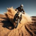 Image Extreme motocross jumping in the desert, rear view perspective