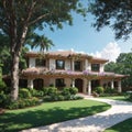 Facade of elegant house with park with short grass, tropical plants, palms, trees, sidewalk, driveway, blue sky in the