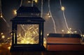 image of fairy lights inside old lantern and antique books.