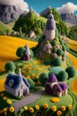 image of a fairy tale village against the beautiful landscape of tree,mountain, field of greenery and flowers. Royalty Free Stock Photo