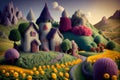 image of a fairy tale village against the beautiful landscape of tree,mountain, field of greenery and flowers. Royalty Free Stock Photo