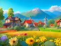 image of a fairy tale village against the beautiful landscape of tree,mountain, field of greenery and flowers. Royalty Free Stock Photo