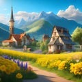 image of a fairy tale village against the beautiful landscape of tree,mountain, field of greenery and flowers. Royalty Free Stock Photo