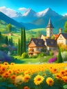 image of a fairy tale village against the beautiful landscape of tree,mountain, field of greenery and flowers. Royalty Free Stock Photo