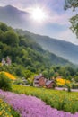 image of a fairy tale village against the beautiful landscape of tree,mountain, field of greenery and flowers. Royalty Free Stock Photo