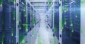 Image of falling binary codes and computer language over server room