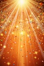 Image of falling confetti and light rays over orange background. Background, lights and movement concept digital generated image Royalty Free Stock Photo
