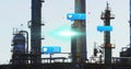 Image of falling icons over refinery Royalty Free Stock Photo