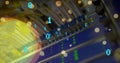 Image of falling lens flares and looping binary codes over wires attached to modem