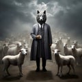 image of false wolf disguises in sheep\'s skin, leading a flock of sheep.