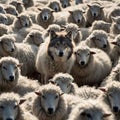 image of false wolf disguises in sheep\'s skin, leading a flock of sheep.