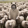 image of false wolf disguises in sheep\'s skin, leading a flock of sheep.