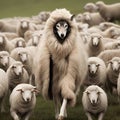 image of false wolf disguises in sheep\'s skin, leading a flock of sheep.