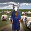 image of false wolf disguises in sheep\'s skin, leading a flock of sheep.