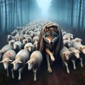 image of false wolf disguises in sheep\'s skin, leading a flock of sheep.