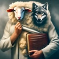 image of false wolf disguises in sheep\'s skin, leading a flock of sheep.