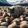 image of false wolf disguises in sheep\'s skin, leading a flock of sheep.