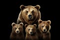 Image of family group of bears on black background. Wildlife Animals. Illustration, Generative AI