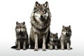 Image of family group of wolfs on white background. Wildlife Animals. Illustration, Generative AI