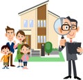 A family, a man in a suit holding a document and looking through a magnifying glass, and a house Royalty Free Stock Photo