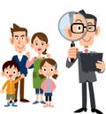 Family and a man in a suit holding documents and looking through a magnifying glass Royalty Free Stock Photo