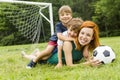 Image of family, mother and son playing ball in the park Royalty Free Stock Photo