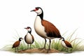 Image of family of pheasant-tailed jacana birds on a white background. Birds. Animals. Illustration, Generative AI