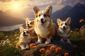 Image of family of welsh corgi dog on nature background. Pet. Animals. Royalty Free Stock Photo