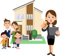 A family, a woman in a suit holding a document and pointing finger, and a house