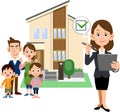 A family, a woman in a suit who fills out a check mark, and a house