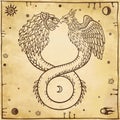 Image of fantastic animal ouroboros with a body of a snake and two heads of a lion and a bird. Symbols of the moon and sun.