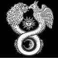 Image of fantastic animal ouroboros with a body of a snake and two heads of a lion and a bird.