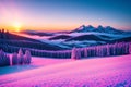 Fantastic pink evening landscape glowing by sunlight. Dramatic wintry scene with snowy house. Carpathians,