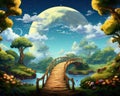 cute landscape with a fantasy bridge wood with cloud.