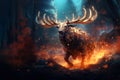 Image of fantasy of deer with beautiful big antlers and flames in the forest. Wildlife Animals. Illustration, Generative AI Royalty Free Stock Photo