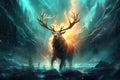 Image of fantasy of deer with beautiful big antlers and flames in the forest. Wildlife Animals. Illustration, Generative AI Royalty Free Stock Photo