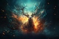 Image of fantasy of deer with beautiful big antlers and flames in the forest. Wildlife Animals. Illustration, Generative AI Royalty Free Stock Photo