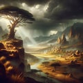 image of a fantasy ethiopian landscape, digital painting, concept art and cinematic lighting.