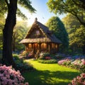a fantasy fairy tale forest with a window of an enchanted elf orgnome house in a...