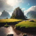 fantasy floating island with natural grass field on the rock, surreal float landscape with paradise concept made with