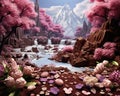 picture of fantsy choclate river land with milk and flowers.