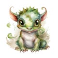 Fantasy watercolor cute baby little green dragon illustration Royalty Free Stock Photo