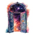 Fantasy watercolor magical colorful door to the space illustration